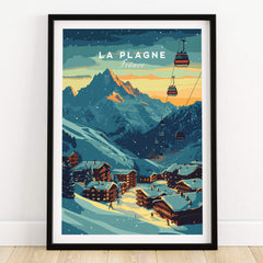 La Plagne Print France vibrant ski poster featuring mountain landscape and ski cabins in winter setting.