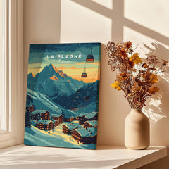La Plagne Print France showcased in a vibrant ski poster design, featuring majestic mountains and ski lifts.