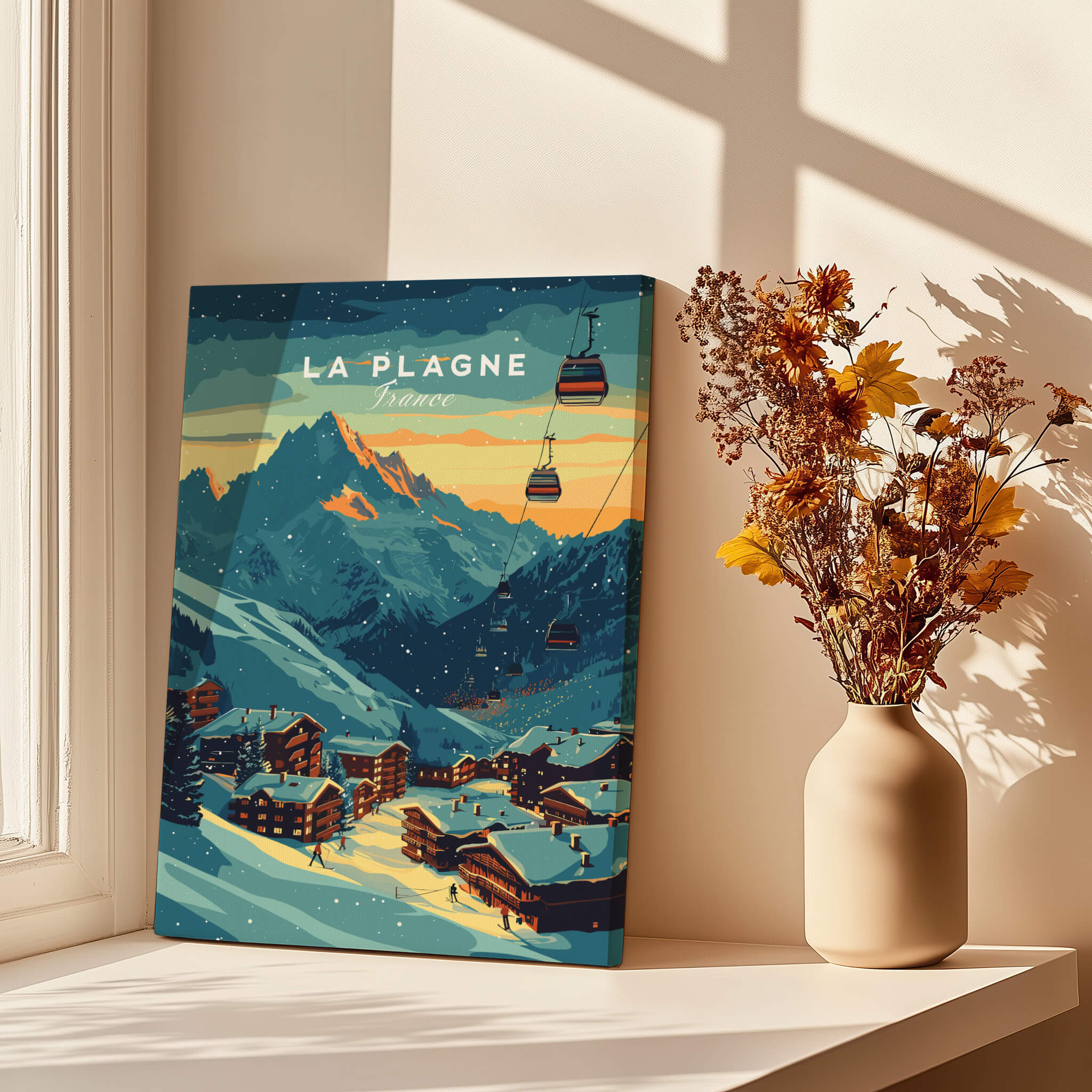 La Plagne Print France showcased in a vibrant ski poster design, featuring majestic mountains and ski lifts.