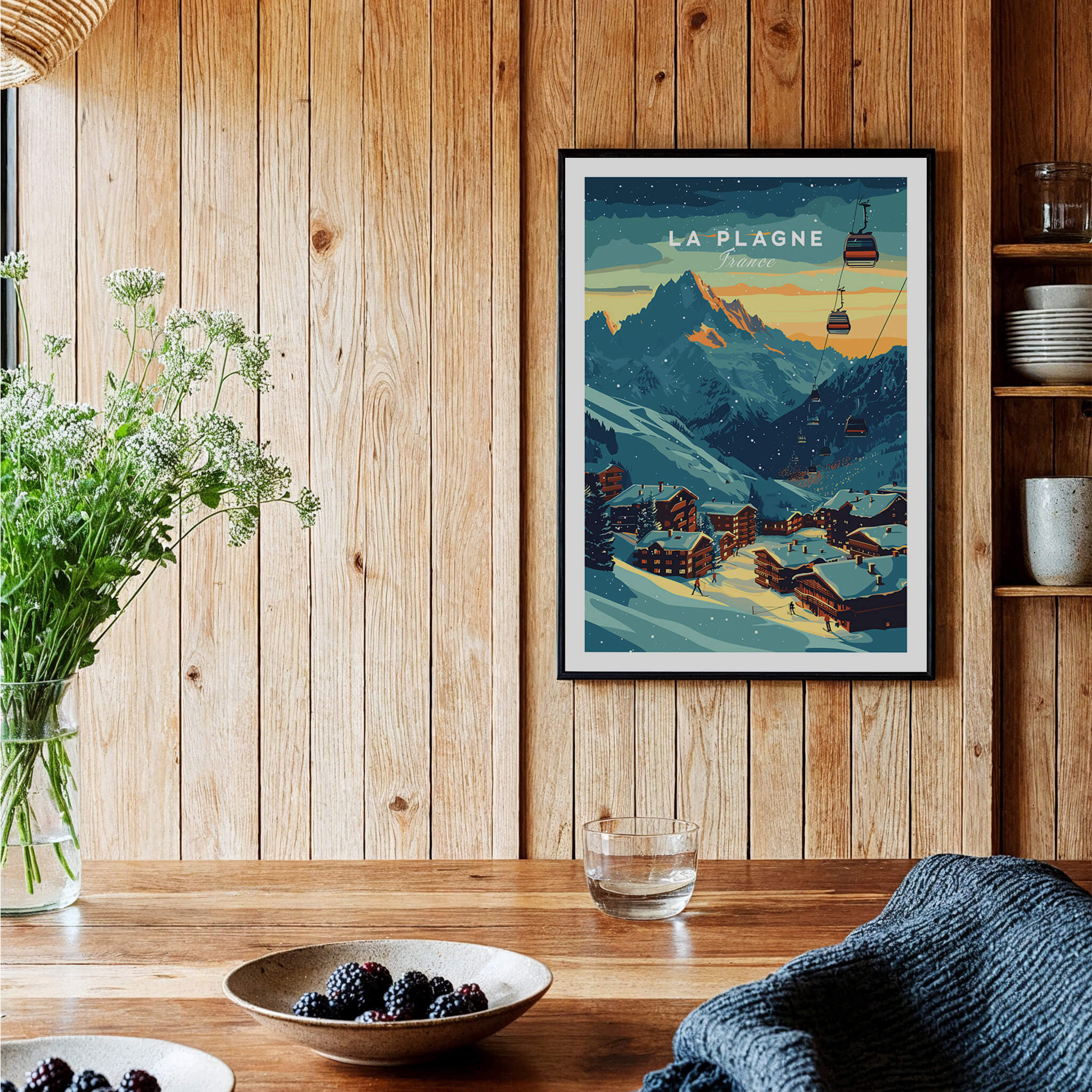 La Plagne Print France poster showcasing a picturesque ski resort in La Plagne, surrounded by wooden decor.