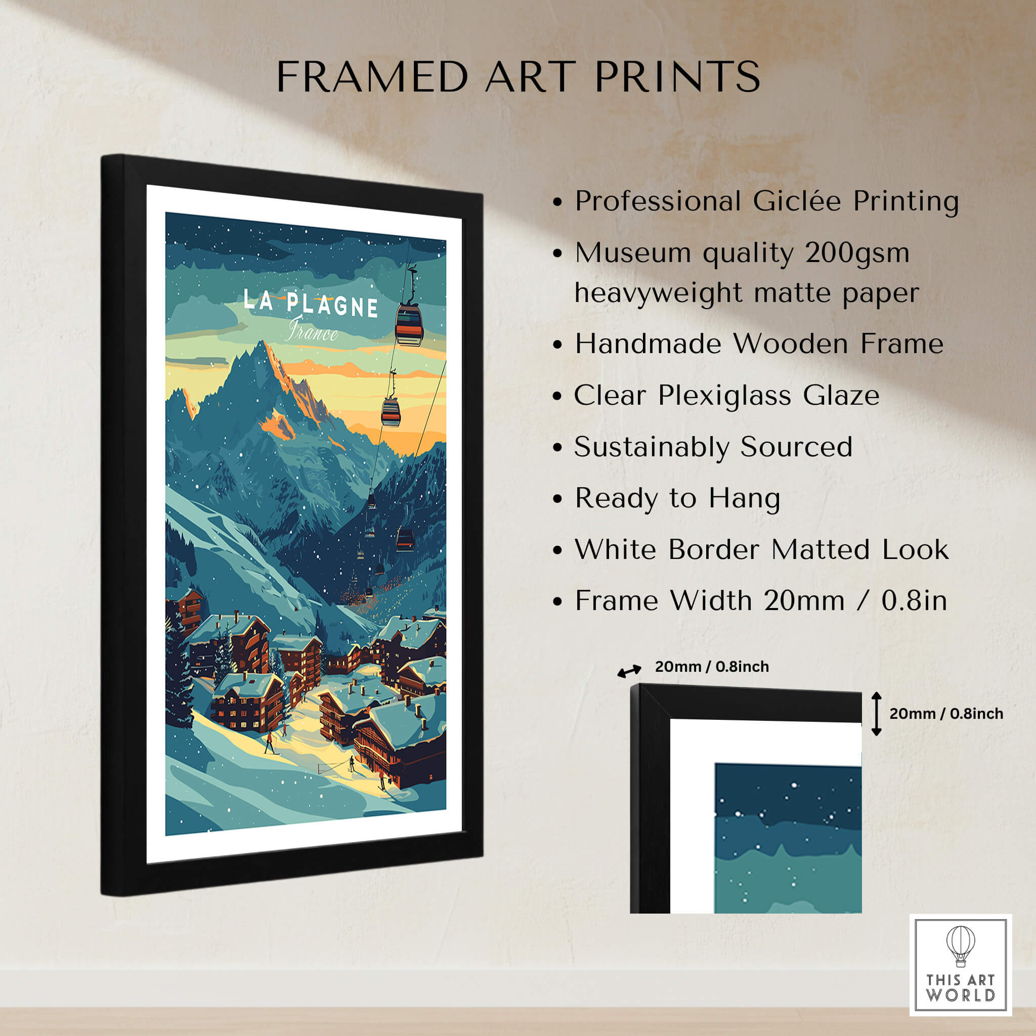 La Plagne Print France framed art print showcasing beautiful mountain scenery and ski resorts in La Plagne, France.