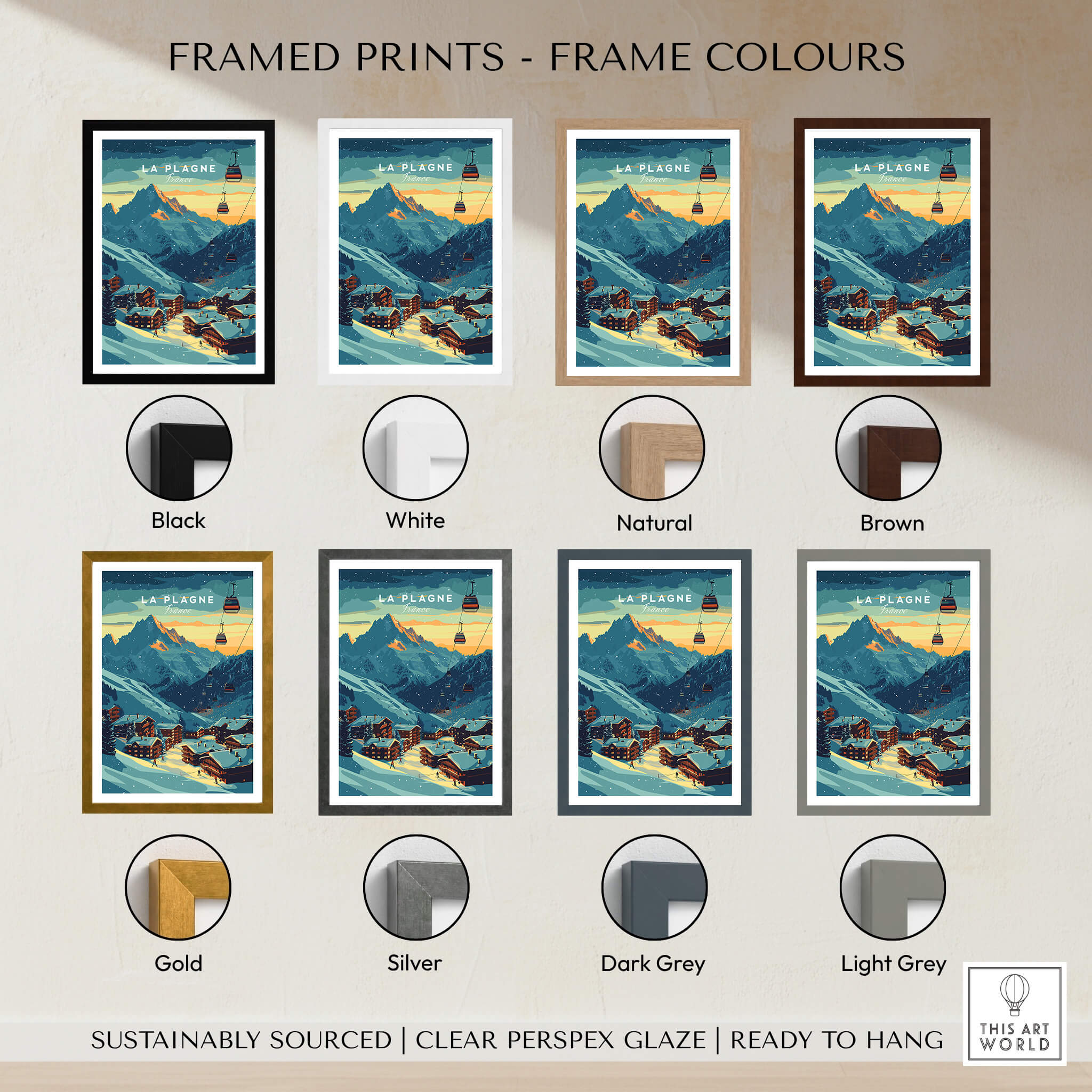 La Plagne Print France framed prints available in multiple colors including black, white, natural, and brown.