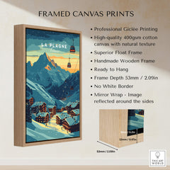 La Plagne Print France framed canvas art showcasing mountain and ski resort with wooden frame.