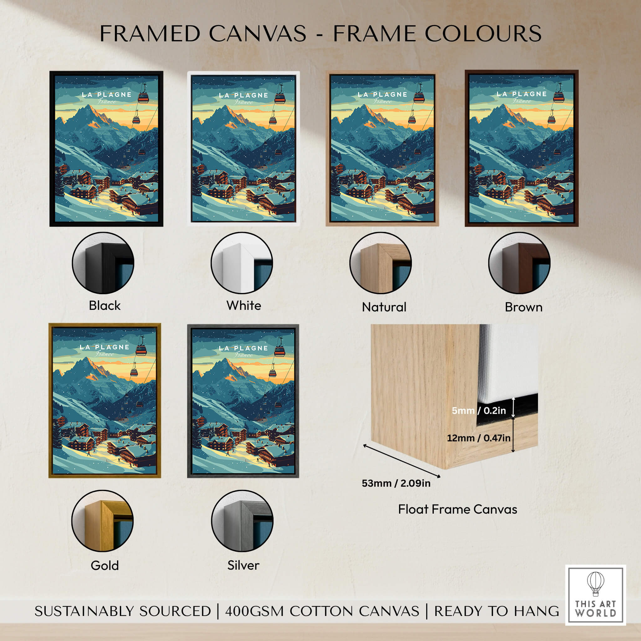 Framed canvas options for La Plagne Print France artwork in various colors including black, white, natural, brown, gold, and silver.