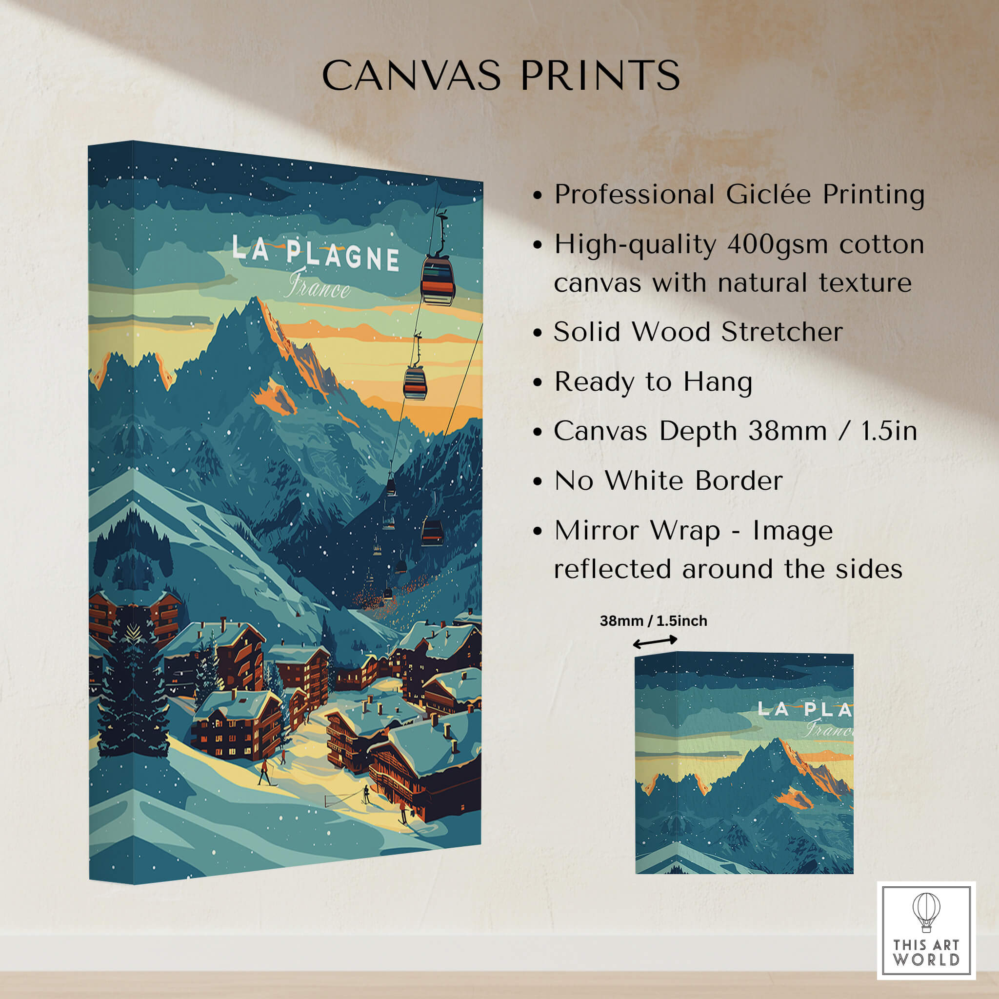 La Plagne Print France canvas print showcasing mountain scenery and ski lifts, perfect wall art for ski enthusiasts.