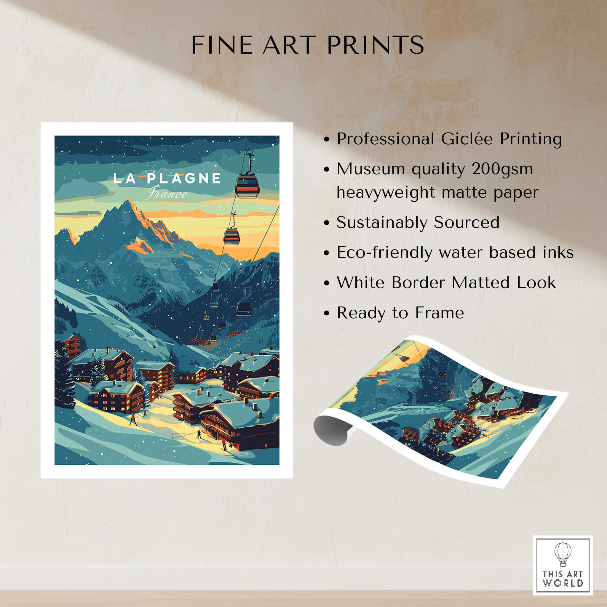 La Plagne Print France showcasing ski resort artwork with mountains and vintage style, perfect for ski enthusiasts.