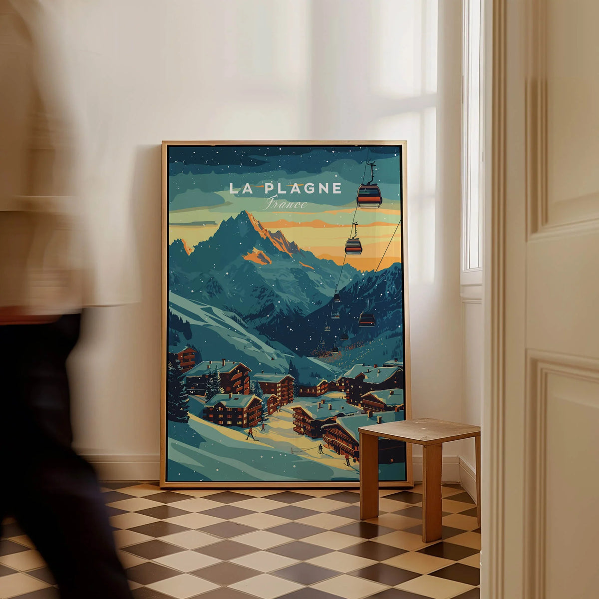 La Plagne Print France showcasing a ski scene with mountains and cable cars in a stylish interior setting.