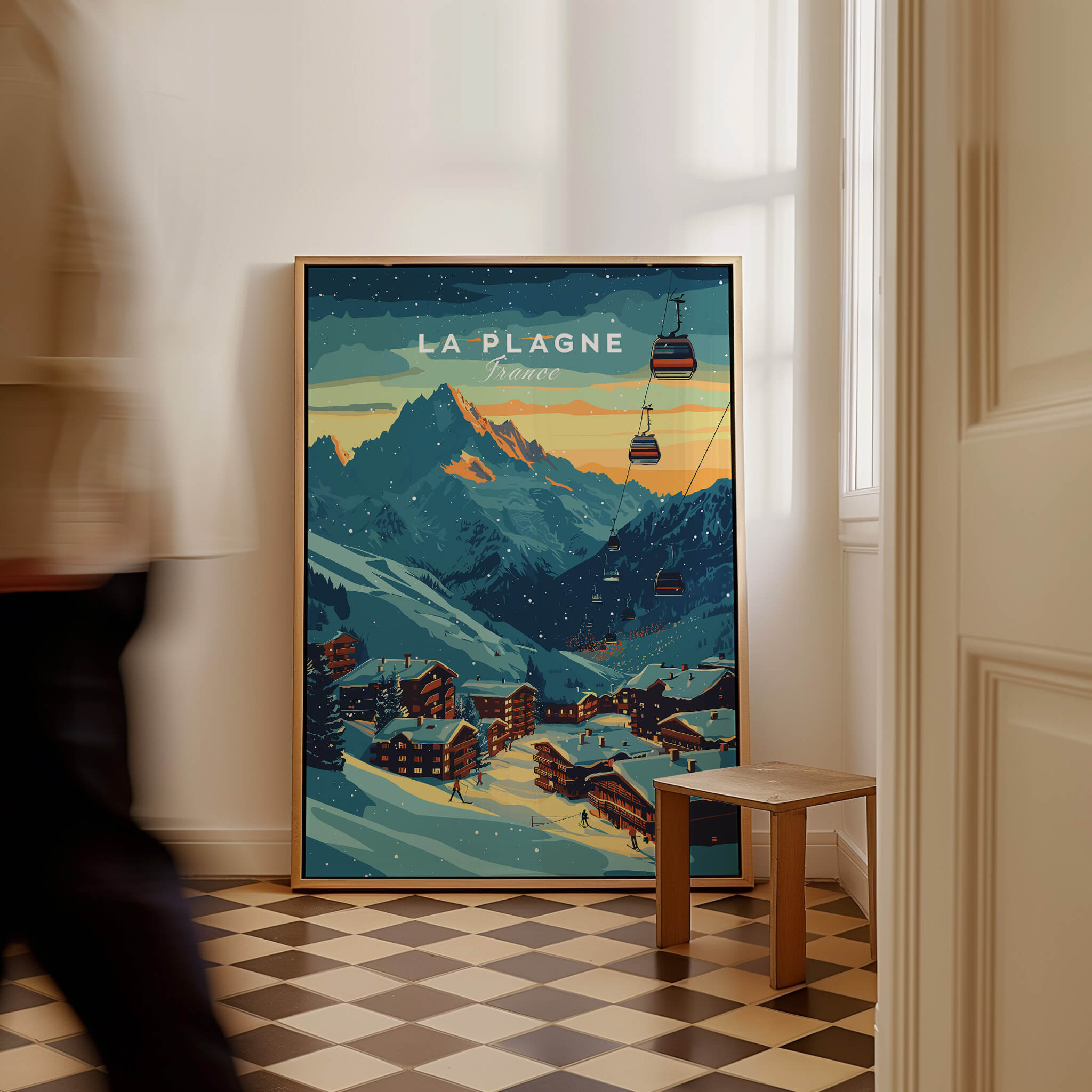 La Plagne Print France showcasing a ski scene with mountains and cable cars in a stylish interior setting.