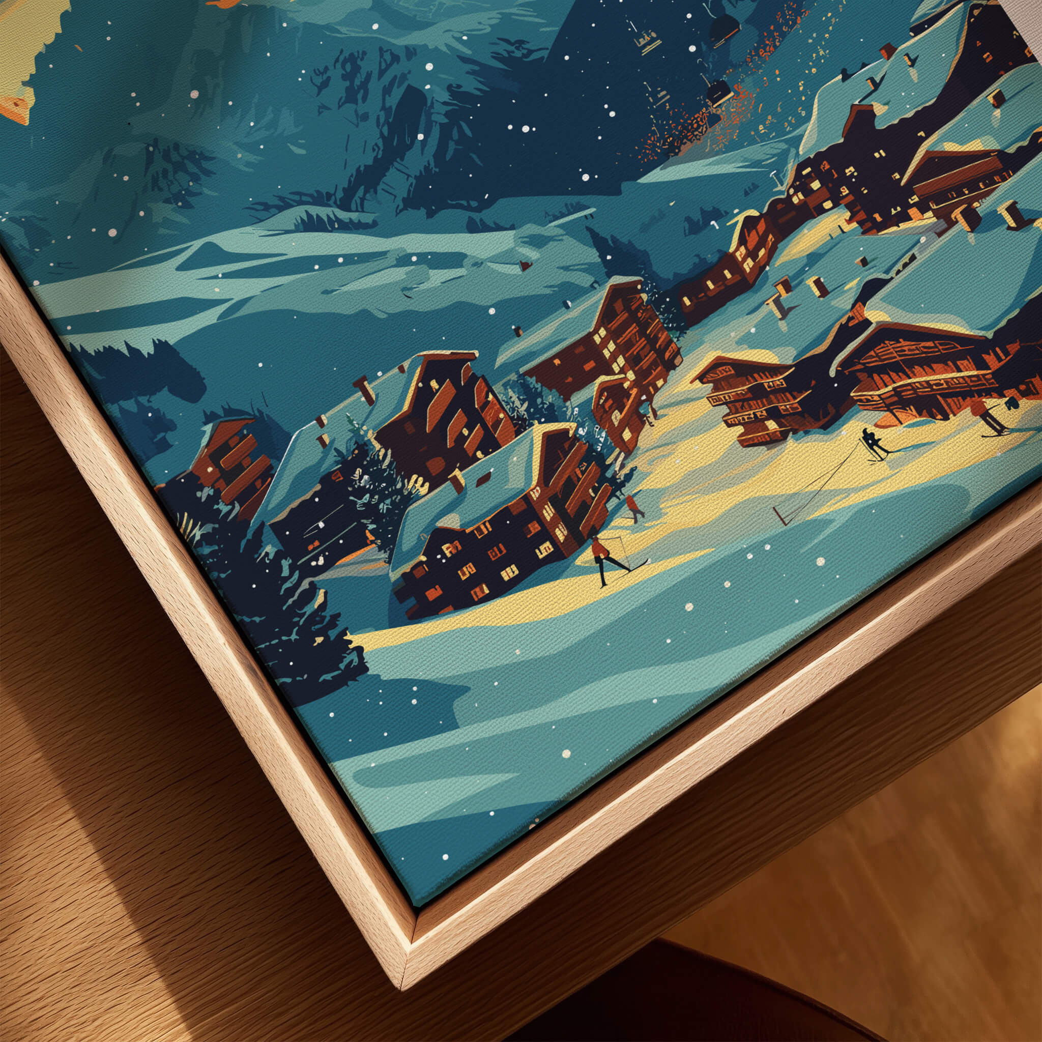 La Plagne Print France vibrant ski artwork featuring snow-covered chalets and mountains in a stunning winter scene.