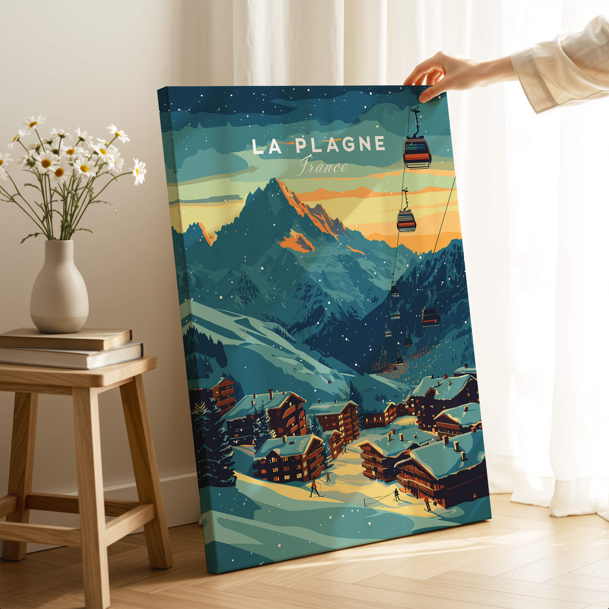 La Plagne Print France vibrant ski wall art poster showcasing the majestic mountains and ski lifts in a cozy setting.
