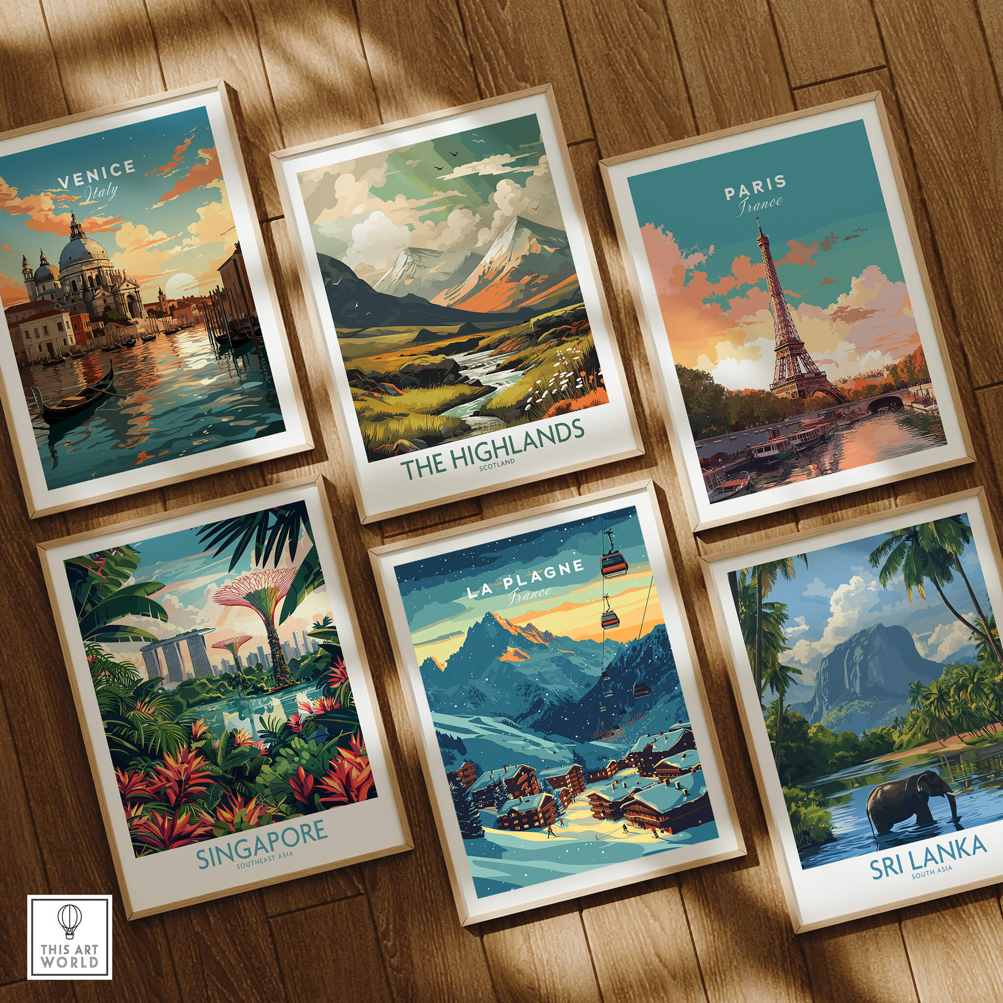 La Plagne Print France among other travel posters including Venice, Paris, and Singapore, showcasing stunning artwork.