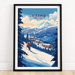 La Tania Ski Print showcasing a skier in stunning alpine scenery with vibrant colors and bold design.