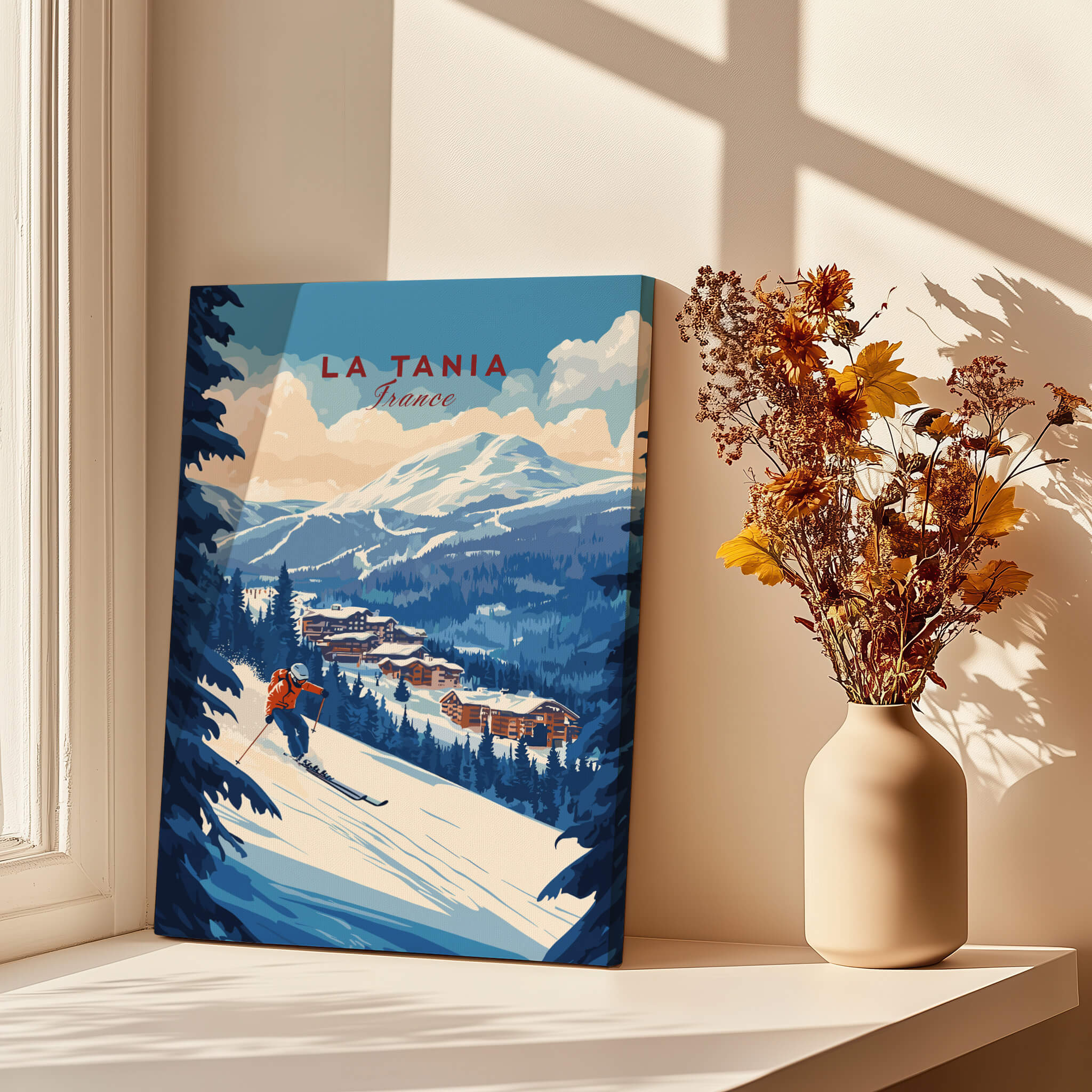 La Tania Ski Print featuring a skier on snowy slopes with mountains and chalet landscape in bright colors.