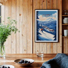 La Tania Ski Print displayed in a rustic kitchen, showcasing beautiful ski slopes and winter scenery.