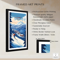 La Tania Ski Print framed art print showcasing a beautiful skiing scene with mountains and wooden frame.
