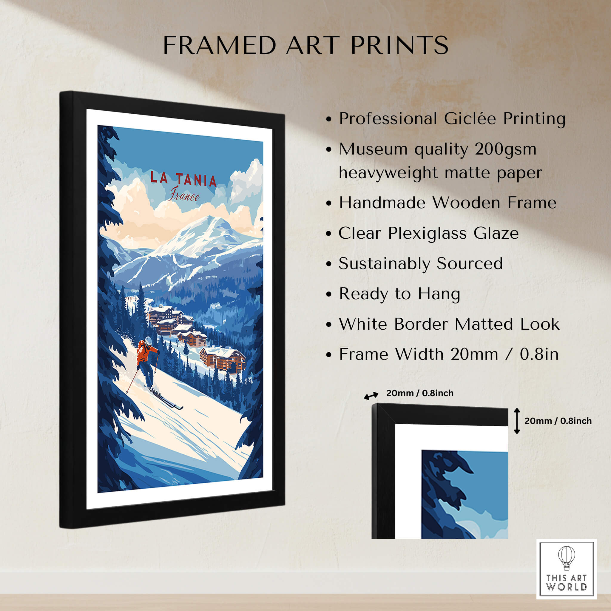 La Tania Ski Print framed art print showcasing a beautiful skiing scene with mountains and wooden frame.