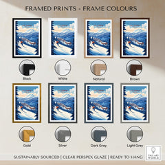 La Tania Ski Print framed in various frame colors including black, white, natural, brown, gold, silver, dark grey, light grey.