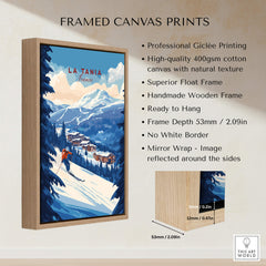 La Tania Ski Print framed canvas artwork showcasing snowy slopes and a skier in a stylish wooden frame.