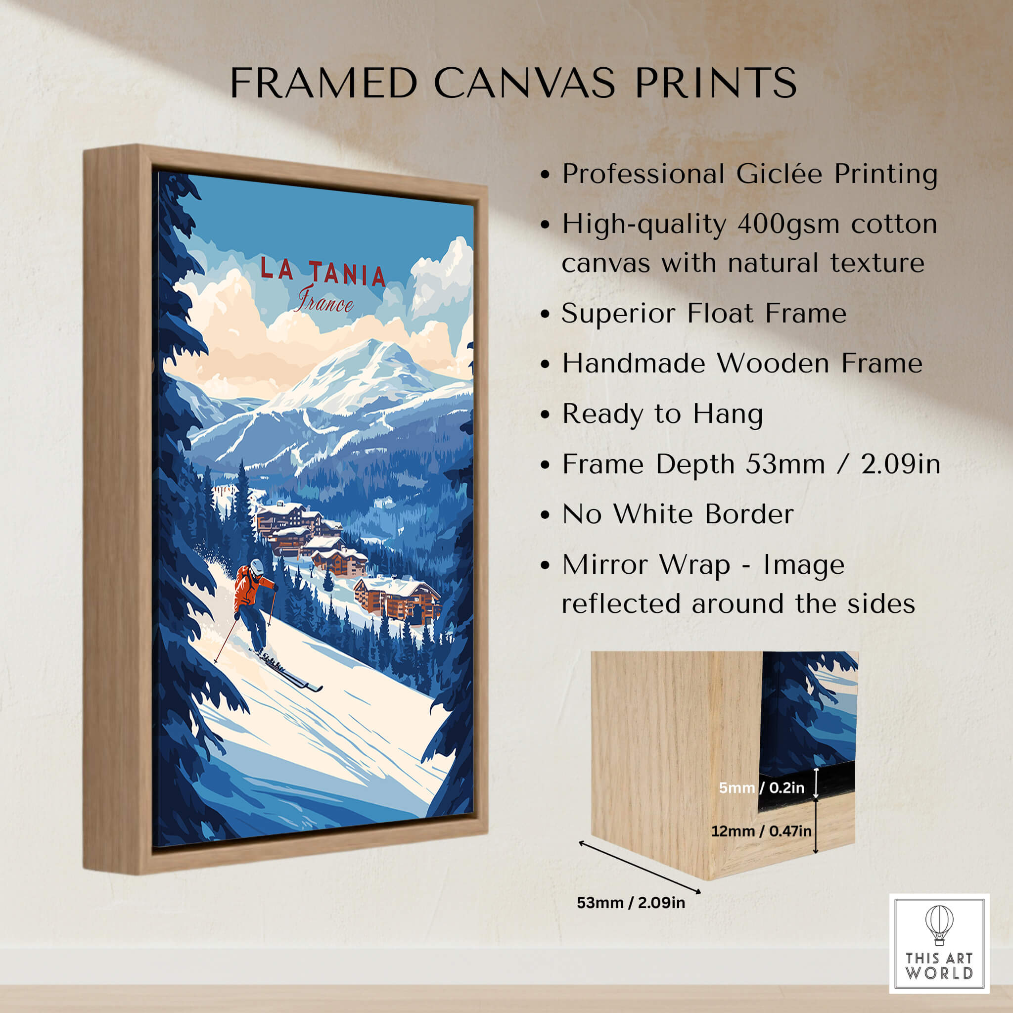 La Tania Ski Print framed canvas artwork showcasing snowy slopes and a skier in a stylish wooden frame.