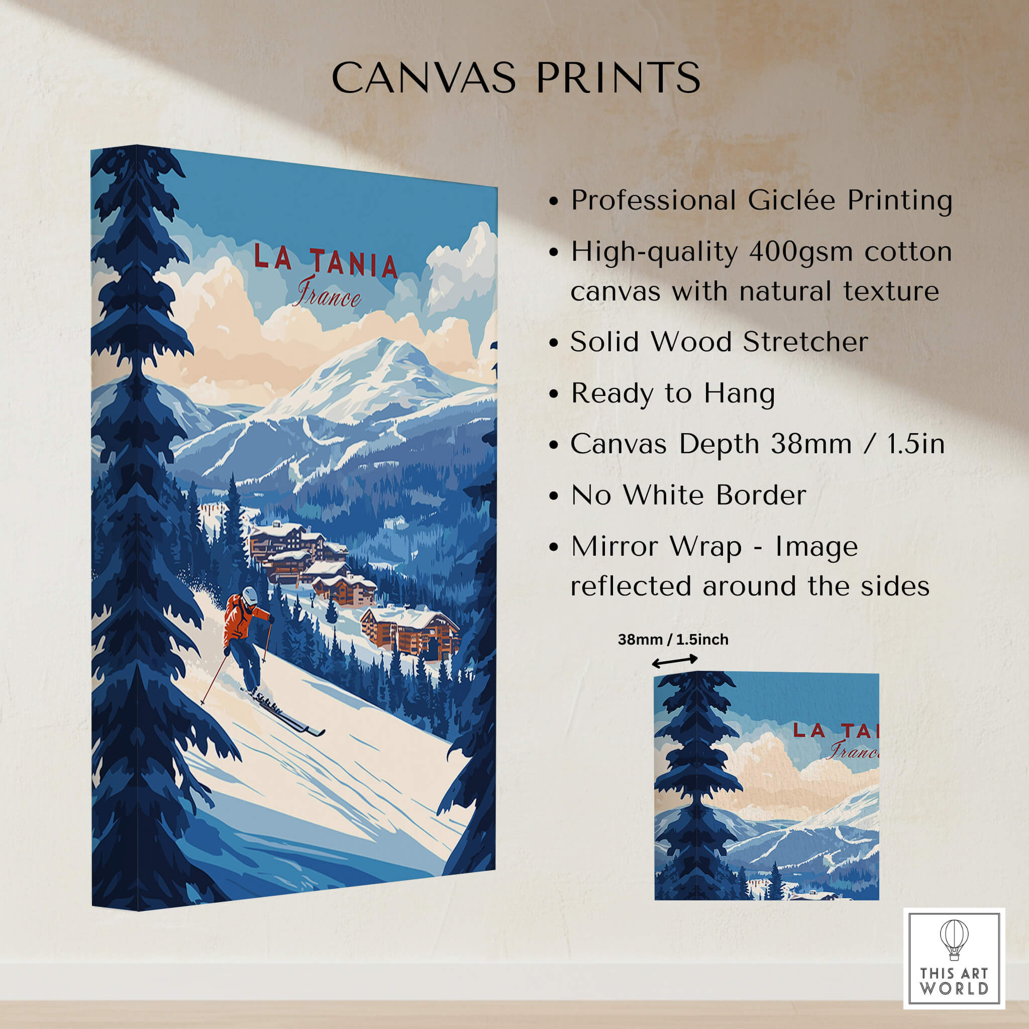 La Tania Ski Print showcasing skiing in a snowy landscape, perfect for home or office decor.