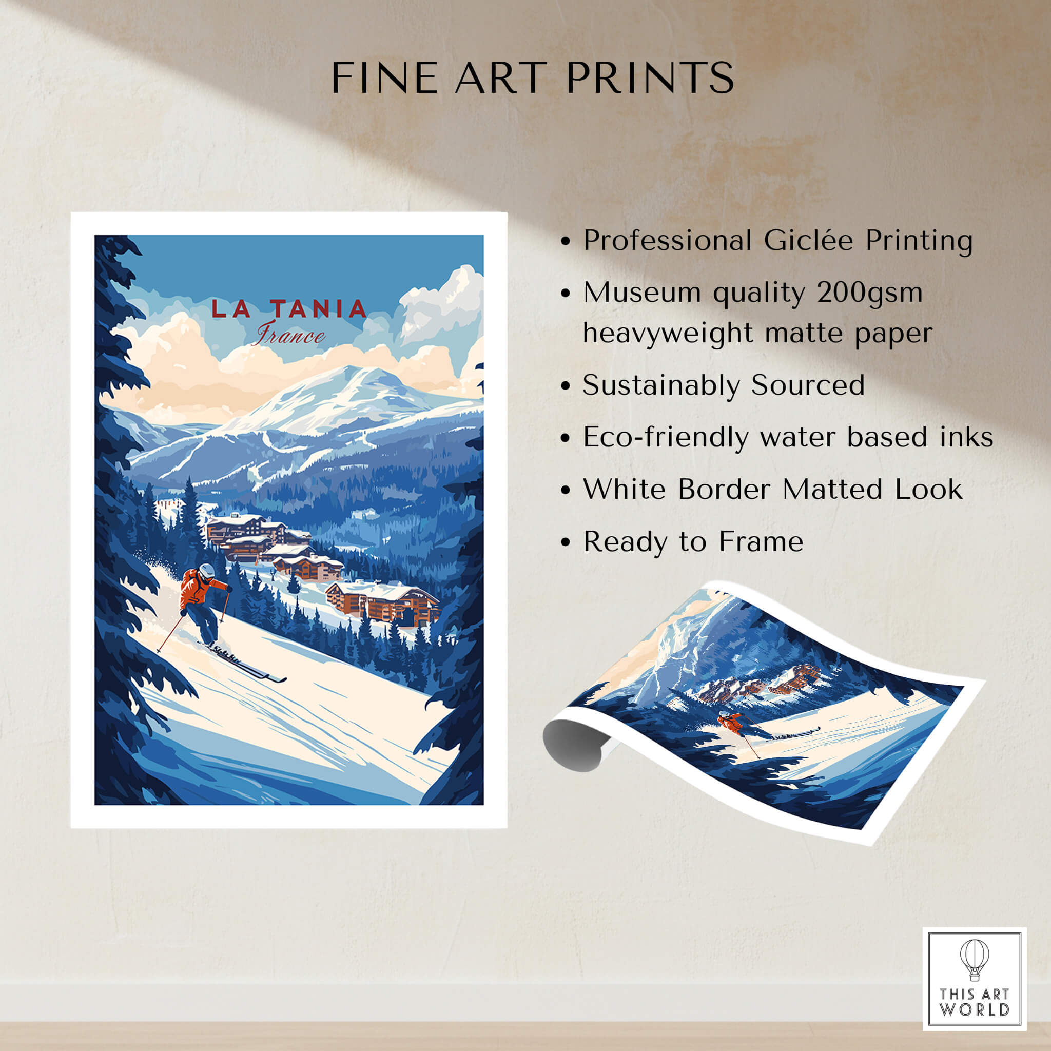 La Tania Ski Print showcasing a beautiful ski scene with mountains, perfect for home or office decor.