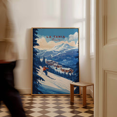 La Tania Ski Print featuring a skier on snowy slopes with mountains in the background, perfect for home decor.