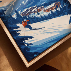 La Tania Ski Print featuring a skier in action on the slopes surrounded by snow-covered trees and cabins.