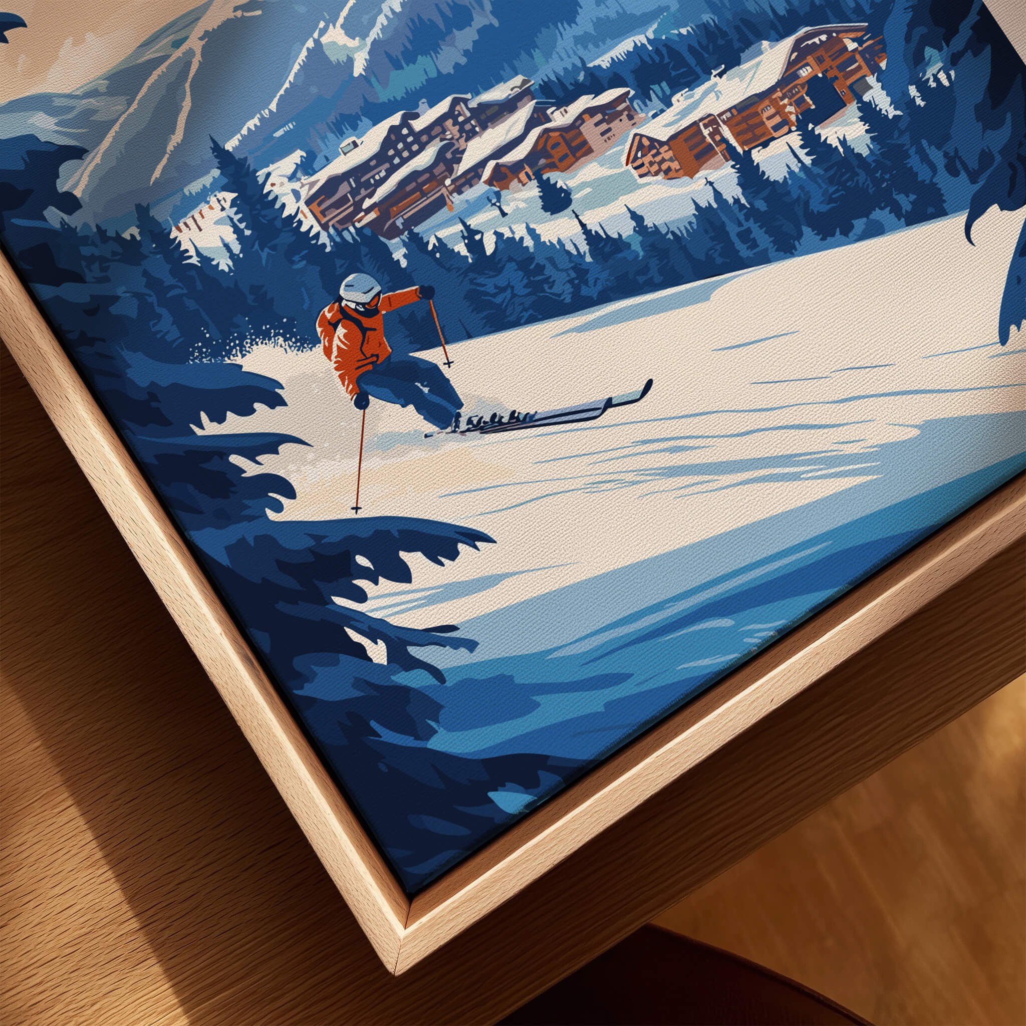 La Tania Ski Print featuring a skier in action on the slopes surrounded by snow-covered trees and cabins.