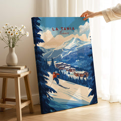 La Tania Ski Print showcasing a skier on the slopes with mountains and cabins in the background.