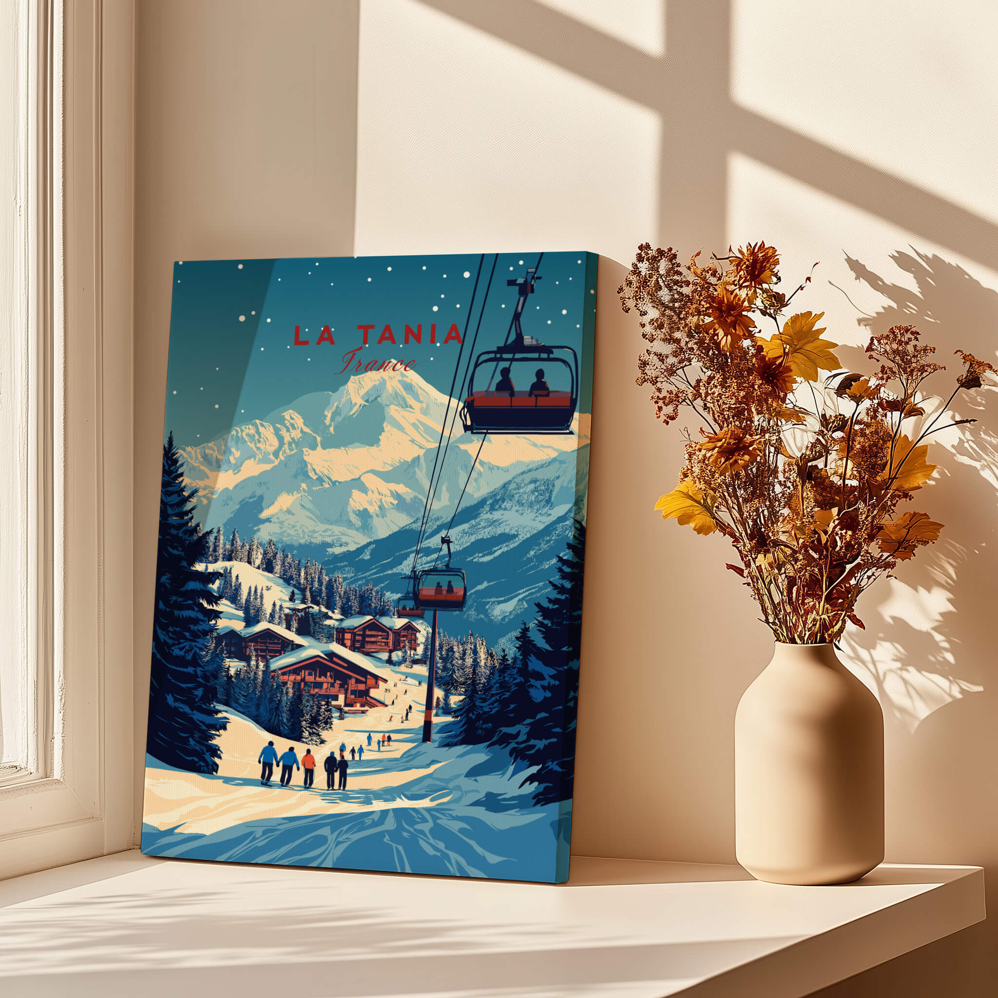 La Tania Wall Art Ski Print featuring a scenic mountain landscape with a ski lift and alpine village.