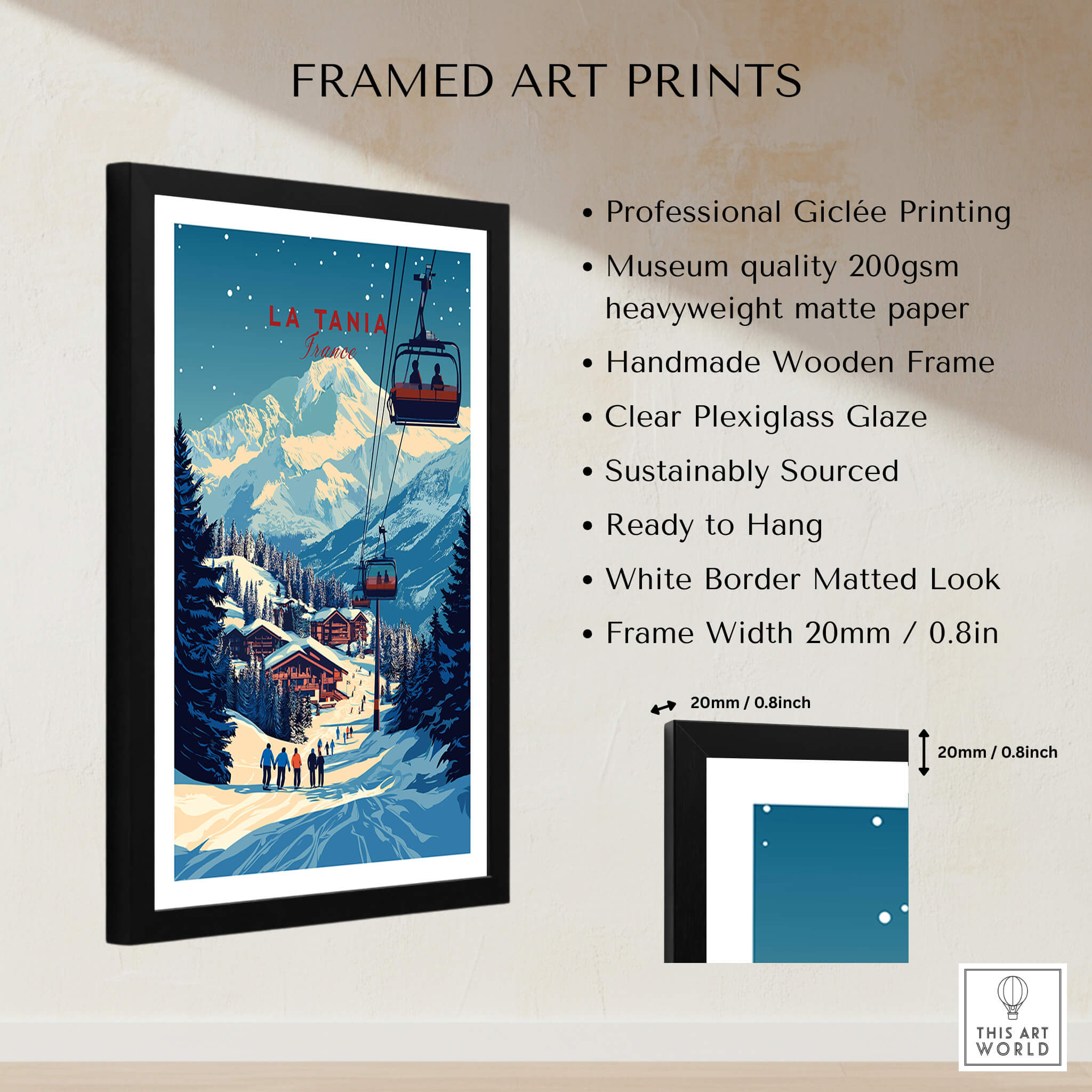 La Tania Wall Art Ski Print framed artwork featuring alpine scenery and ski slopes ready to hang.