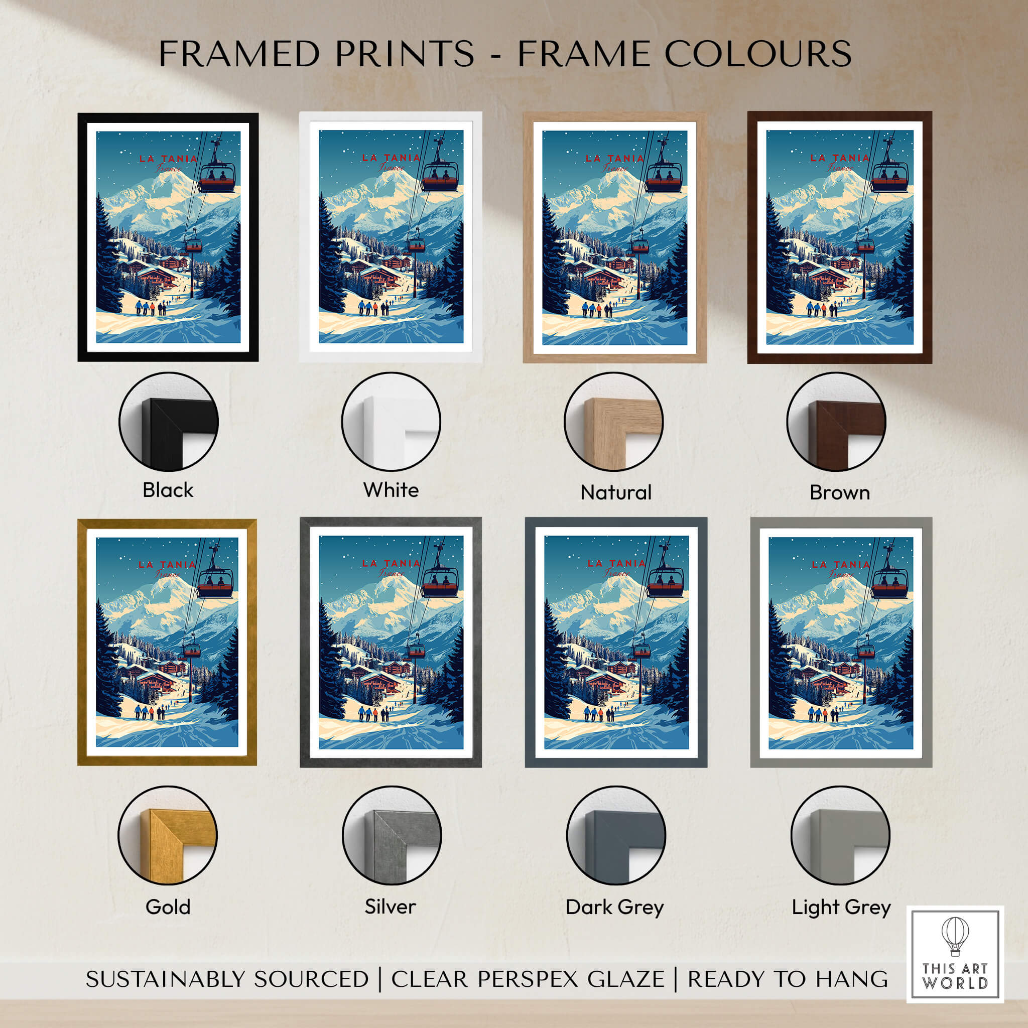 Framed prints of La Tania Wall Art Ski Print showcasing different frame colors including black, white, natural, brown, gold, and silver.