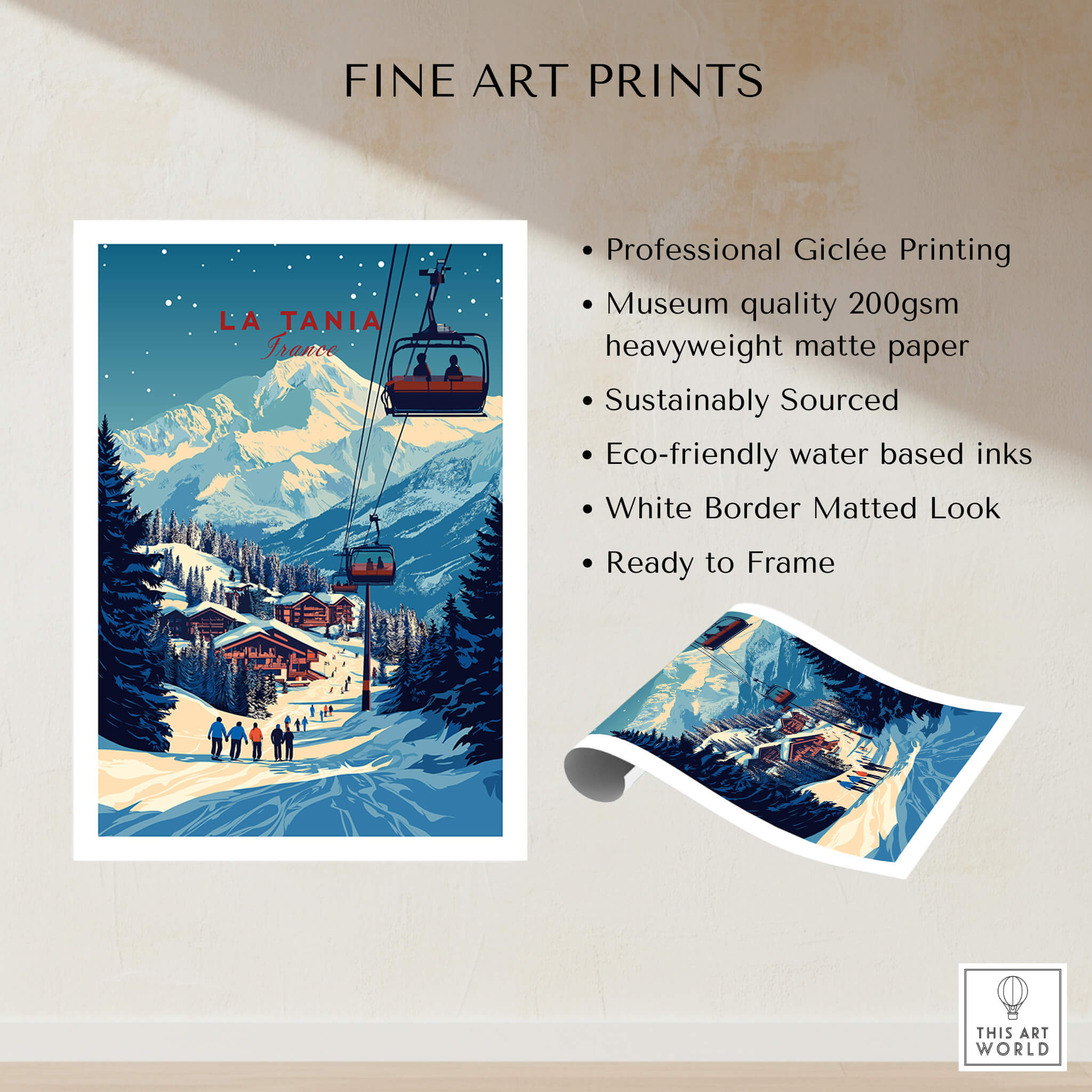 La Tania Wall Art Ski Print showcasing a snowy landscape with a ski lift and alpine village, perfect for home decor.