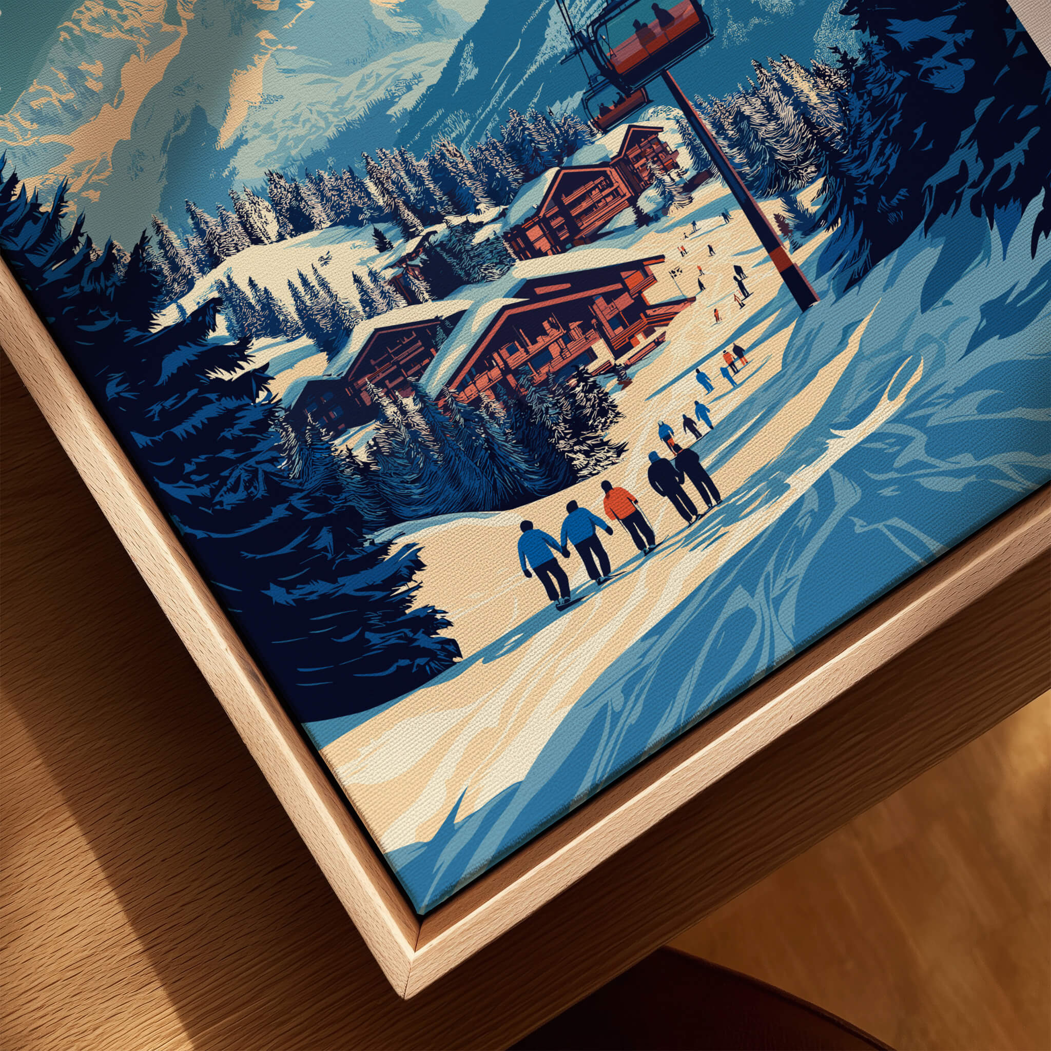 La Tania Wall Art Ski Print featuring skiers and a snowy alpine landscape with cabins.