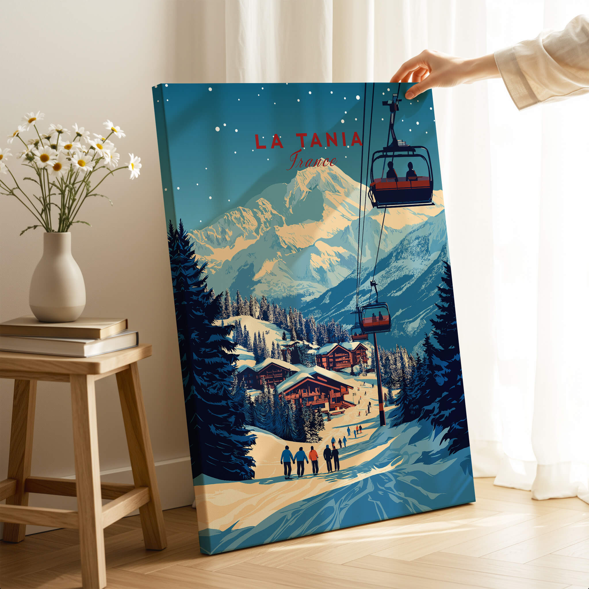 La Tania Wall Art Ski Print showcasing a beautiful alpine village and ski slopes in a cozy interior setting.