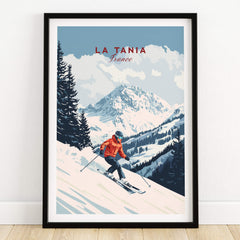 Ski Print La Tania France featuring a skier on snow-covered slopes with mountains in the background.