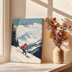 Ski Print La Tania France showcasing a skier on snow-covered slopes with mountains in the background.