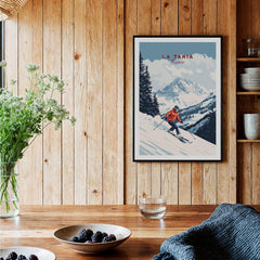 Ski Print La Tania France showcasing a skier on snow-covered slopes in a cozy home setting.
