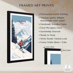 Ski Print La Tania France framed art print showcasing snow-capped mountains and a skier.