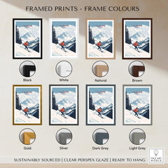 Ski Print La Tania France framed prints in various colors including black, white, natural, brown, gold, silver, dark grey, and light grey.