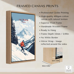 Ski Print La Tania France framed canvas print featuring snow-covered mountains and a skier.
