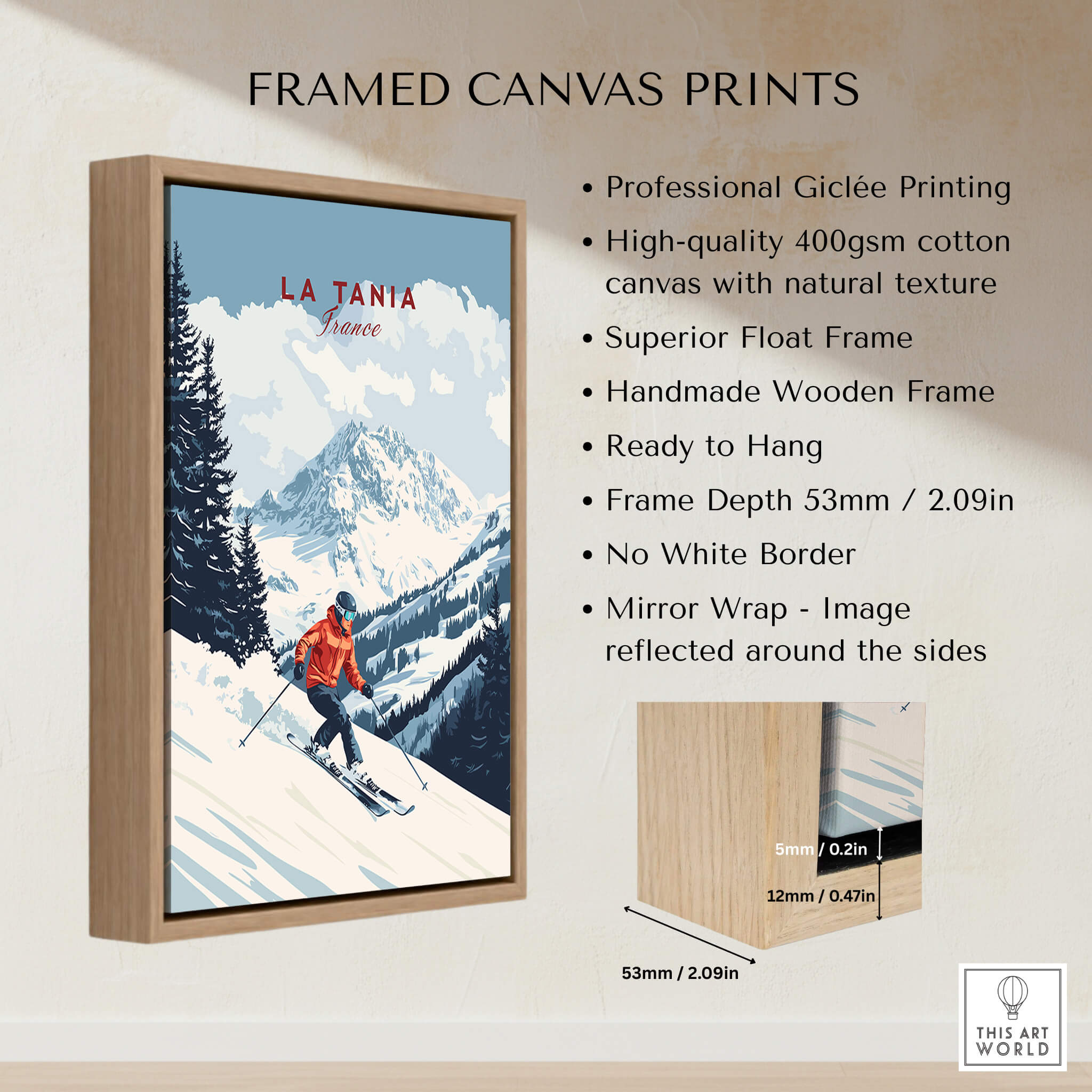 Ski Print La Tania France framed canvas print featuring snow-covered mountains and a skier.
