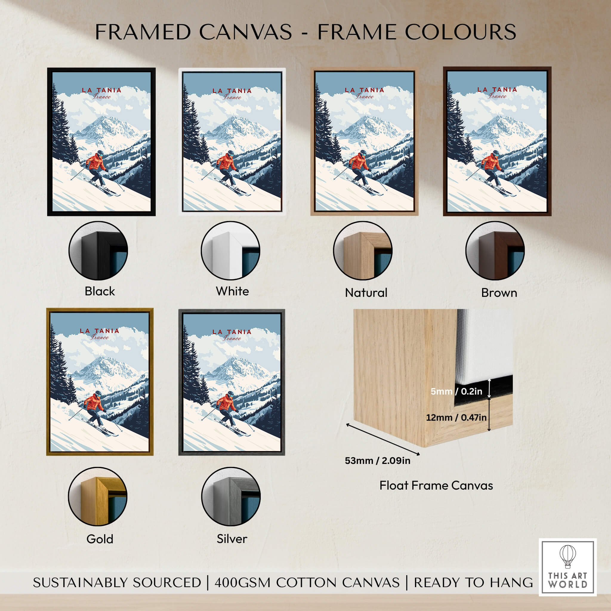 Ski Print La Tania France options with various frame colors: Black, White, Natural, Brown, Gold, Silver.