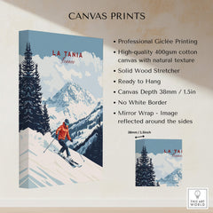 Ski Print La Tania France showcasing snow-covered mountains and skier on high-quality cotton canvas.