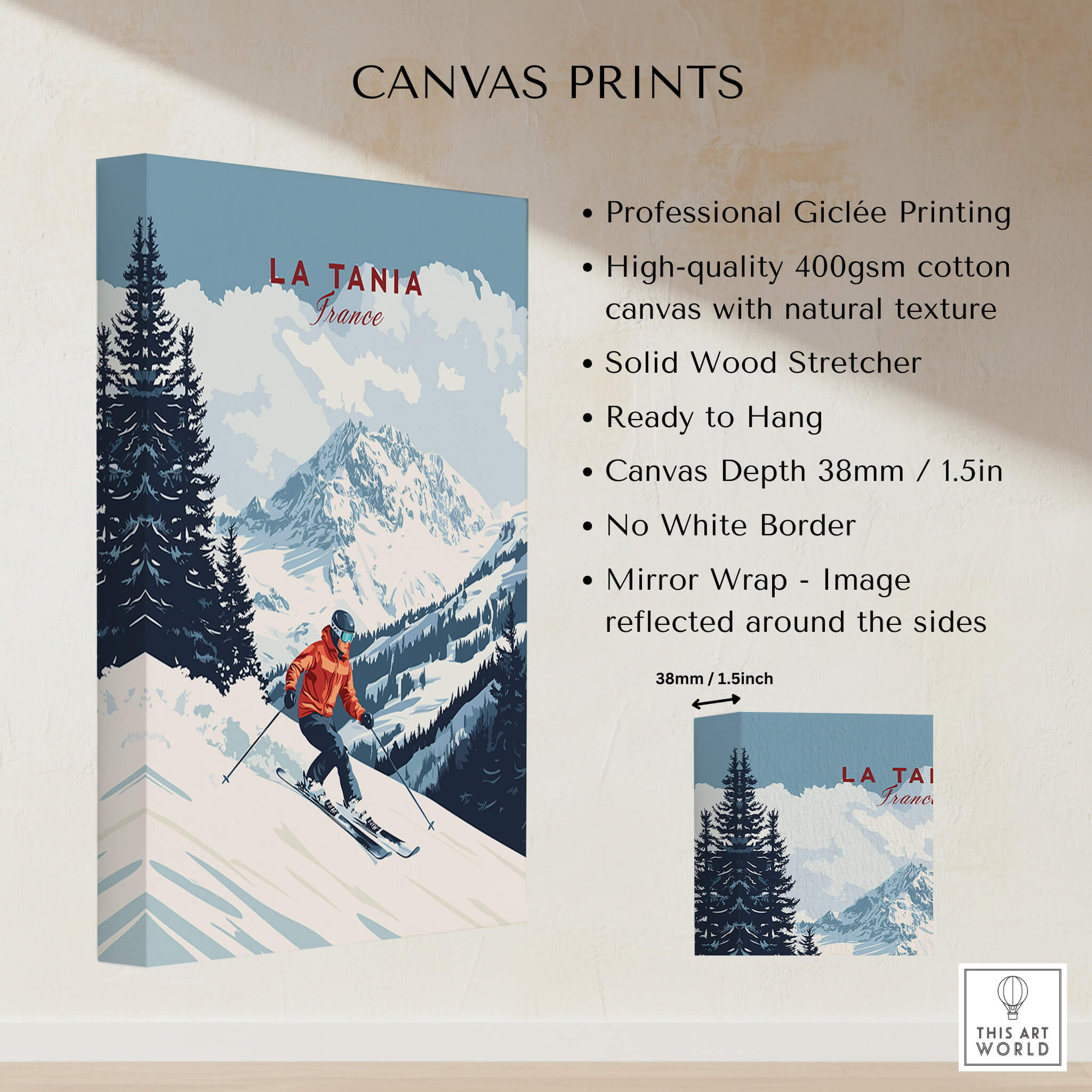 Ski Print La Tania France showcasing snow-covered mountains and skier on high-quality cotton canvas.