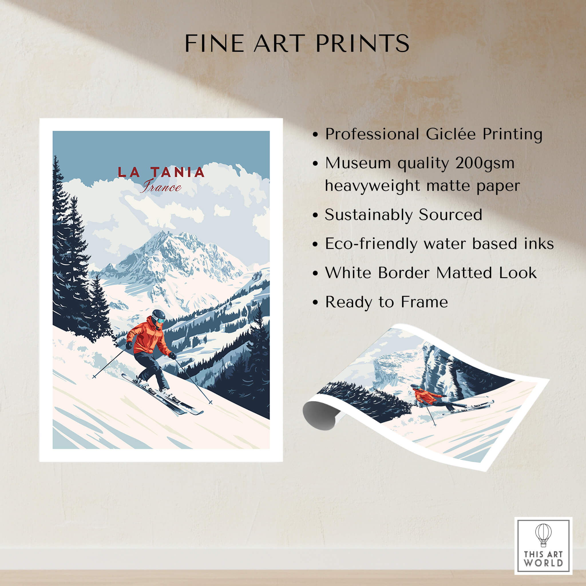 Ski Print La Tania France showcasing snow-covered mountains and a skier in vibrant colors on museum quality paper.