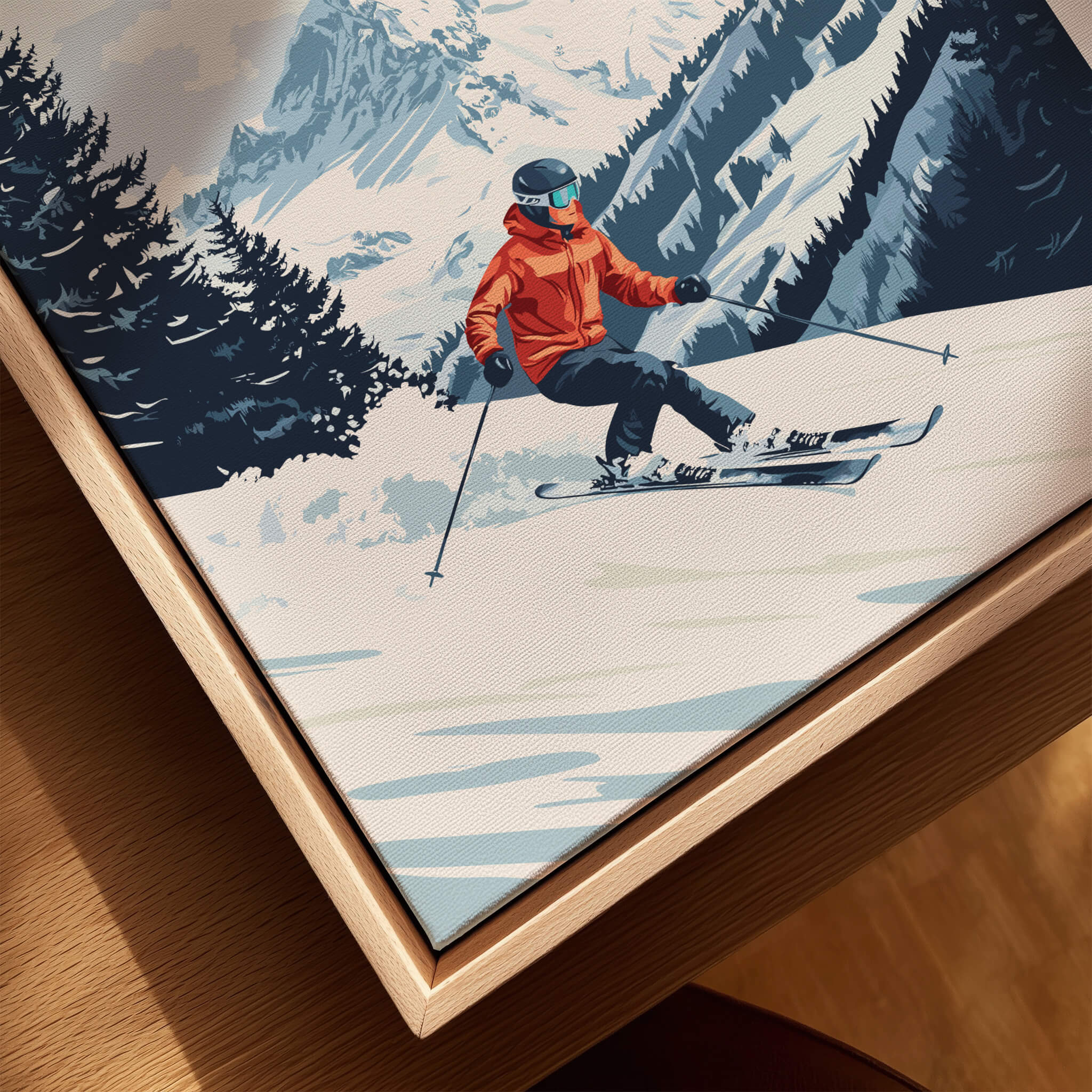 Ski Print La Tania France showcasing a skier carving through powder snow with snowy mountains in the background.