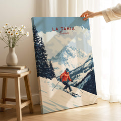 Ski Print La Tania France featuring a skier on snow-covered slopes with scenic mountain backdrop.