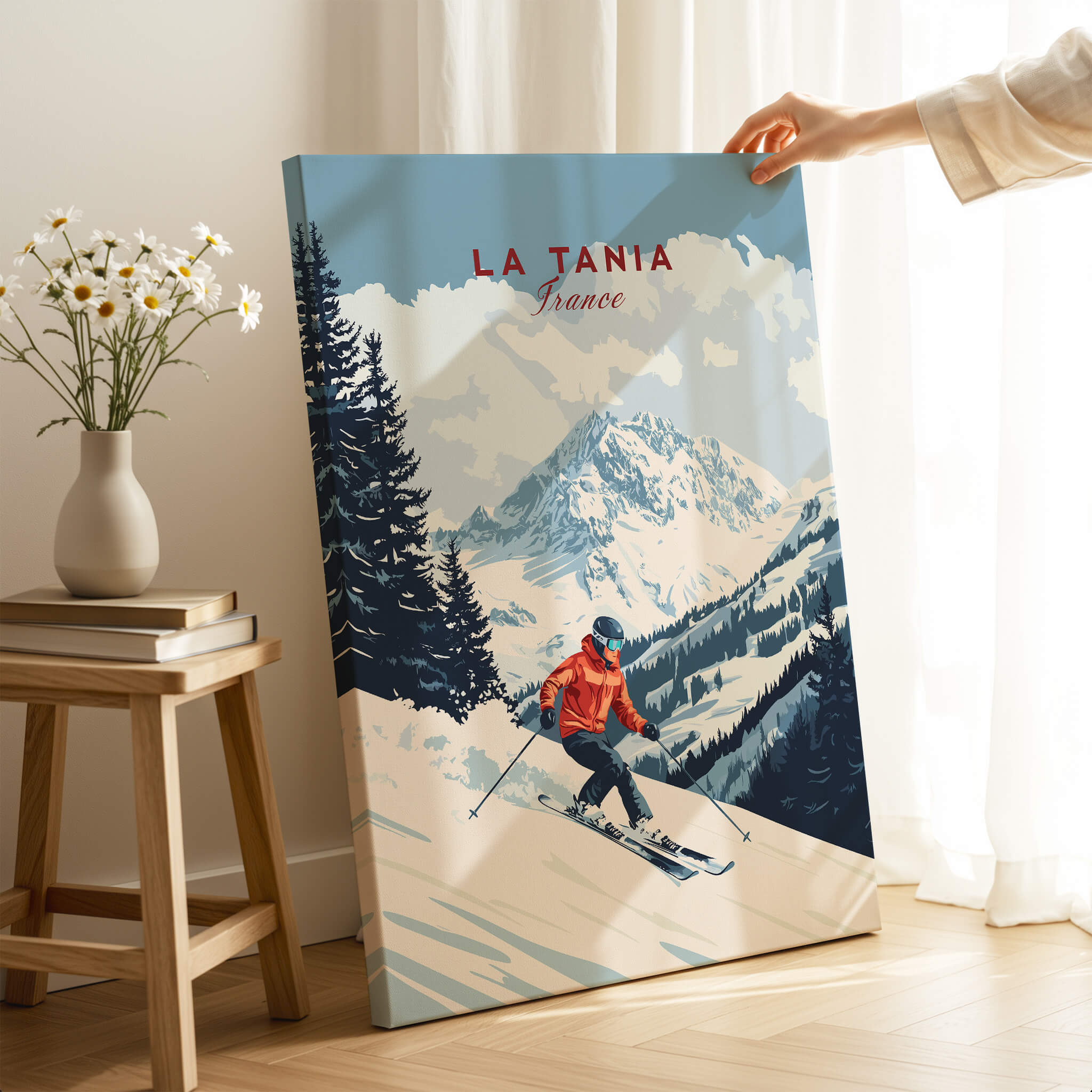 Ski Print La Tania France featuring a skier on snow-covered slopes with scenic mountain backdrop.