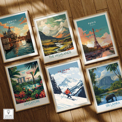 Ski Print La Tania France poster among travel prints of Venice, Paris, Singapore, The Highlands, and Sri Lanka.